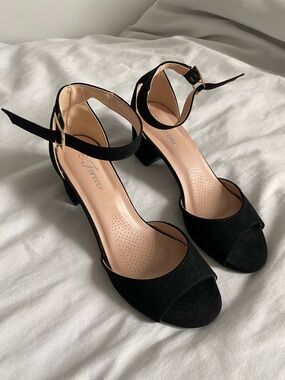 Forever Black Suede Ankle-Strap Block Heels